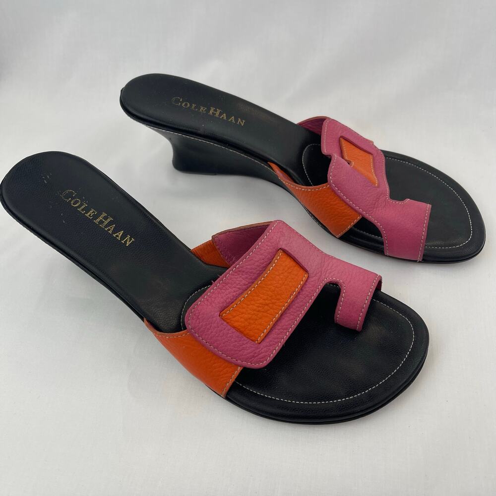 Cole Haan Women Pink Orange Leather Wedge Slide Sandals Narrow 8.5AA